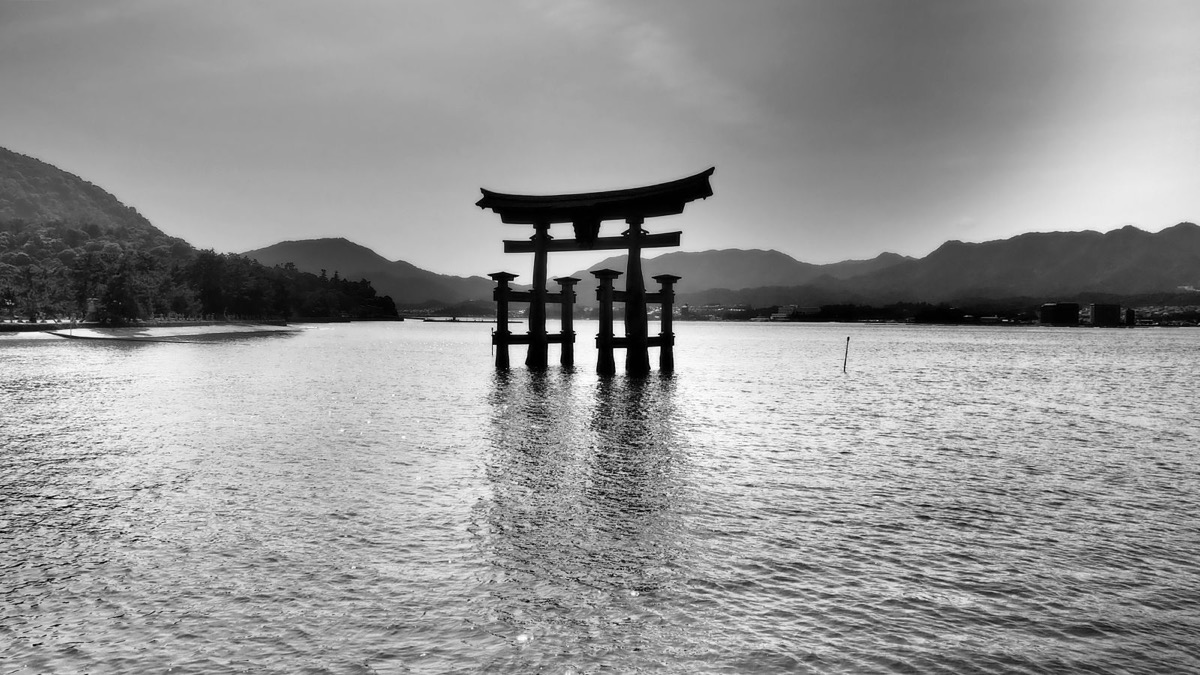 The torii gate of Itsukushima Shrine on Miyajima at high tide