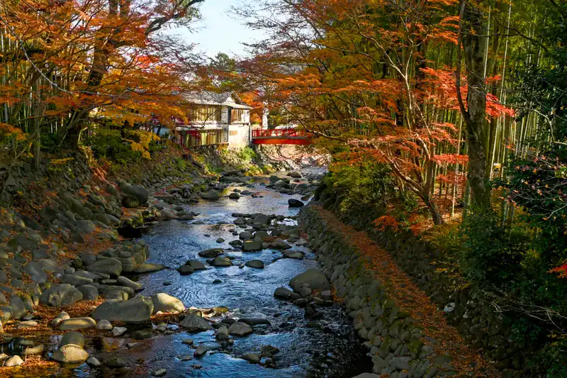 Red bridge over an autumn river in the Izu Peninsula